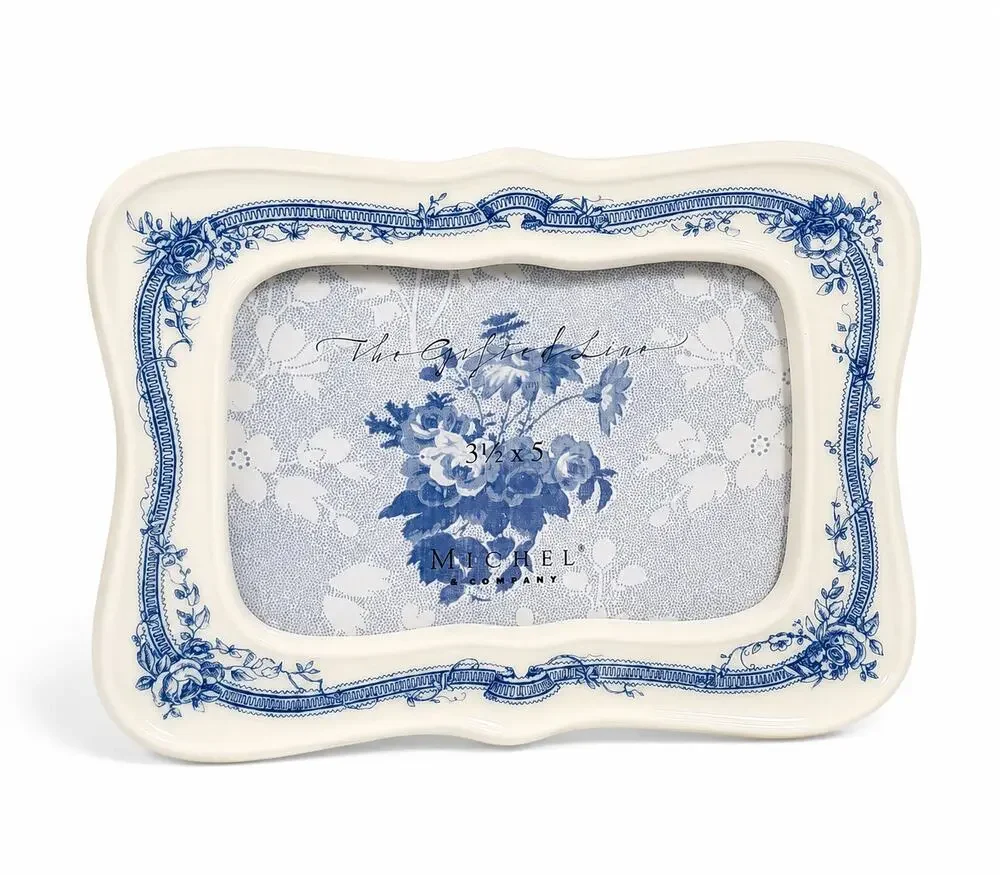 Michel & Co Ceramic Picture Frame Scallop Edge Blue Floral Toile Shabby Chic